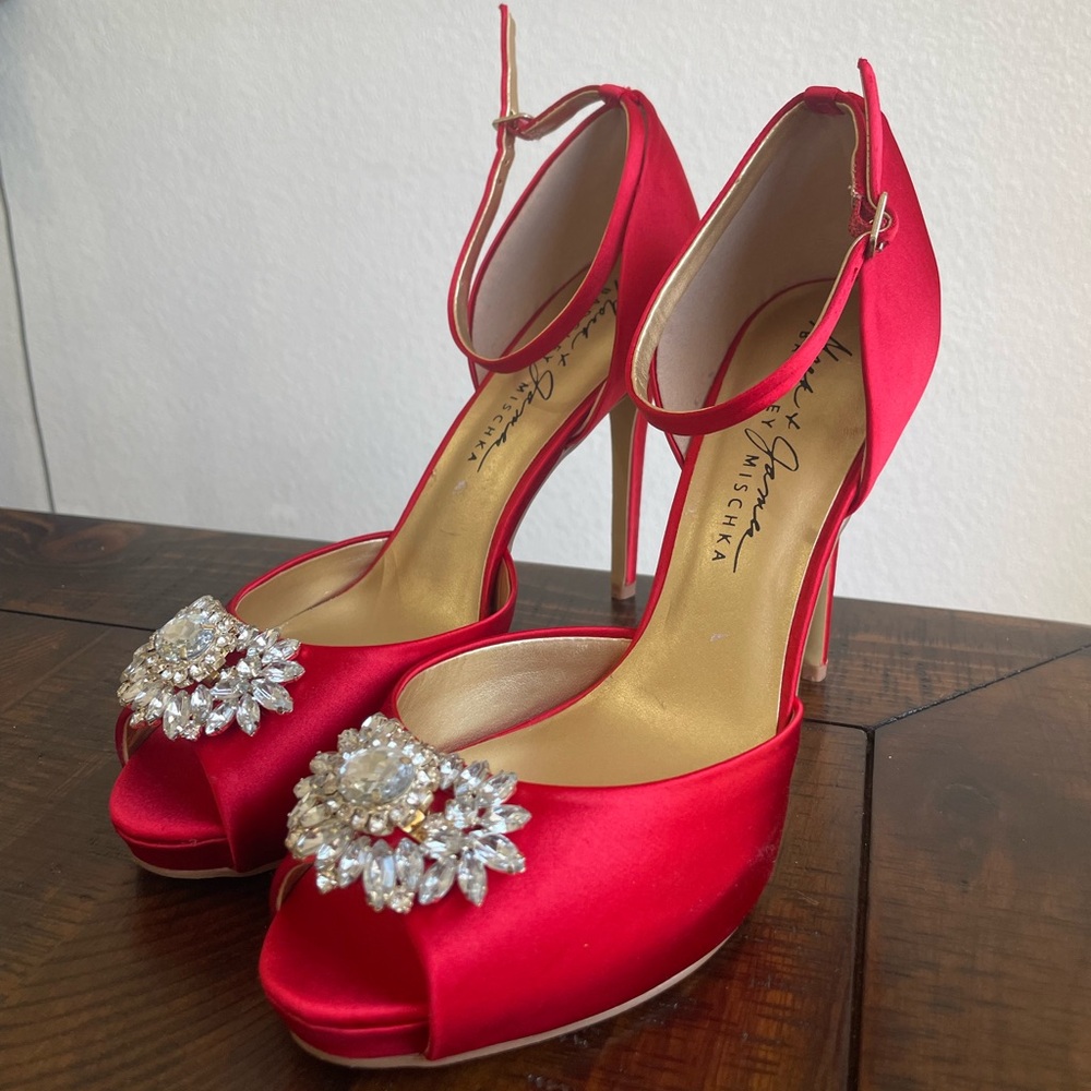 Badgley Mischka red satin heels